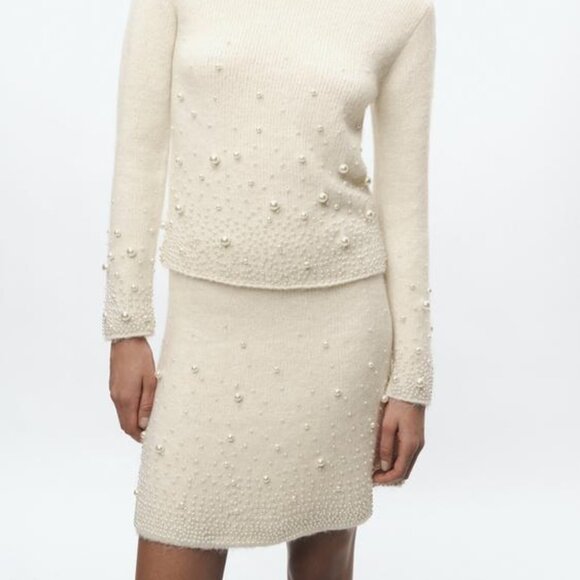 NWT ECRU BEIGE CREAM PEARL KNIT MINI SKIRT - Picture 6 of 10